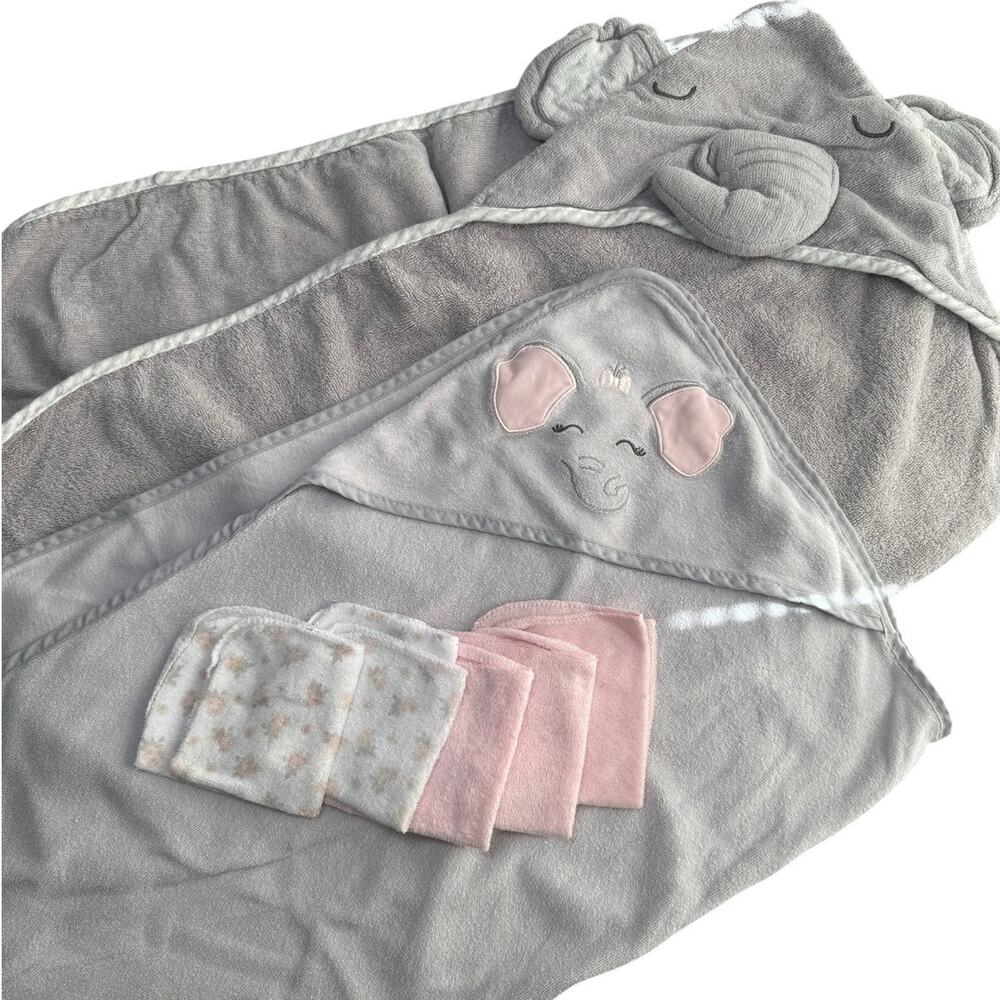 Elephant Hooded Bath Towel Bundle Washcloths Gray Pink